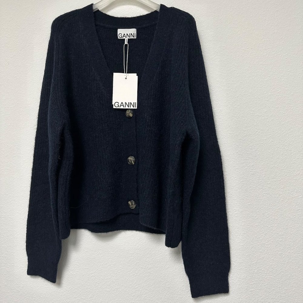 NWT Ganni Soft Alpaca Wool V-Neck Navy Cardigan Knit Sweater K1498